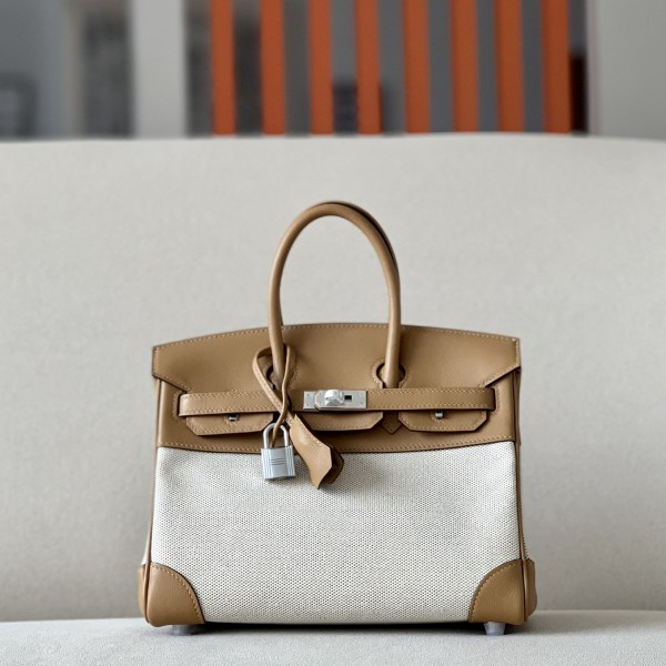「#4692」Hermes Birkin 4B biscuit color/silver buckle swift leather and canvas, hand-sewn wax thread 25cm