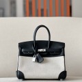 「#4693」Hermes Birkin CK89 black/silver buckle swift leather and canvas, hand-sewn wax thread 25cm
