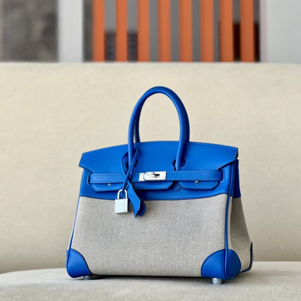 「#4694」Hermes Birkin71 French blue/silver buckle Swift leather and canvas, hand-sewn wax thread 25cm 「#4694」Hermes Birkin71 French blue/silver buckle Swift leather and canvas, hand-sewn wax thread 25cm
