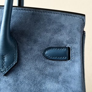 「#4697」Hermes BirkinM8Z7 Ocean Blue/Gold Buckle Swift Leather and Suede, Hand-sewn Wax Thread 25cm