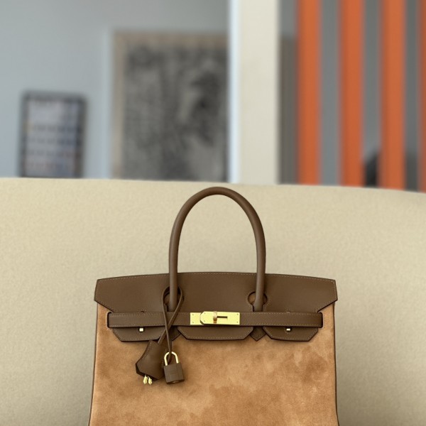 「#4698」 Hermès Birkin Bag Chestnut/Biscuit/Gold Buckle Swift Leather and Suede, Hand-Stitched Wax Thread 25cm