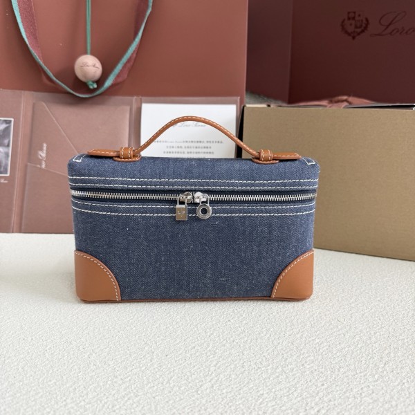 「#7061」Loro pian Extra Pocket L19 silver buckle -FAI8393 - 19x6.5x11cm - blue denim