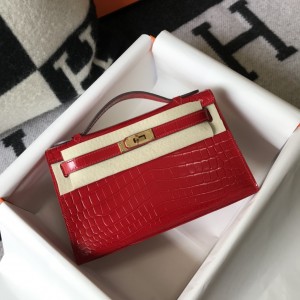 「#4092」 Hermès Evening Bag Red Crocodile Leather Mini Kelly Bag No. 1 Gold Buckle 22*14*7cm