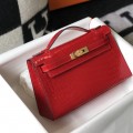 「#4092」 Hermès Evening Bag Red Crocodile Leather Mini Kelly Bag No. 1 Gold Buckle 22*14*7cm