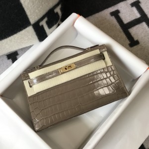 「#4093」 Hermès Evening Bag Elephant Grey Crocodile Leather Mini Kelly Bag No. 1 Gold Buckle 22*14*7cm