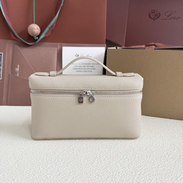 「#7065」Loro pian Extra Pocket L19 silver buckle -FAI8393 - 19x6.5x11cm - light beige