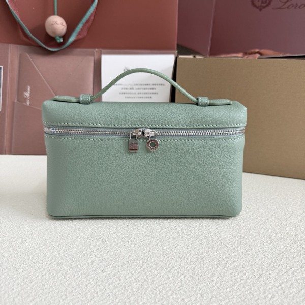 「#7068」Loro pian Extra Pocket L19 silver buckle - FAI8393 - 19x6.5x11cm - Artemisia leaf green