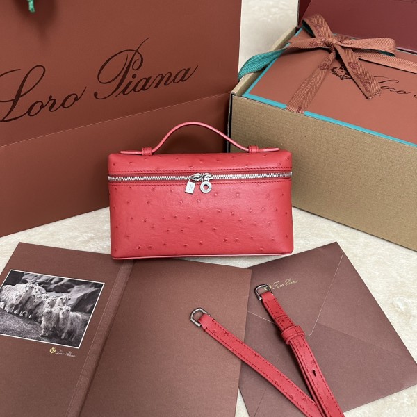 「#7078」Loro pian Extra Pocket L19 silver buckle - FAN1034 - 19x6.5x11cm - fiery red，Ostrich pattern
