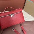 「#7078」Loro pian Extra Pocket L19 silver buckle - FAN1034 - 19x6.5x11cm - fiery red，Ostrich pattern