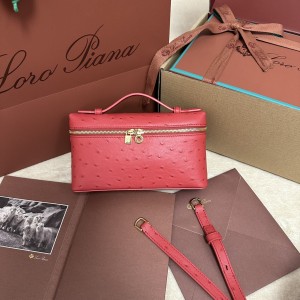 「#7079」Loro pian Extra Pocket L19 gold buckle - FAN1034 - 19x6.5x11cm - fiery red，Ostrich pattern