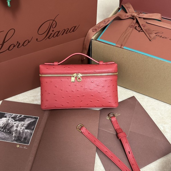 「#7079」Loro pian Extra Pocket L19 gold buckle - FAN1034 - 19x6.5x11cm - fiery red，Ostrich pattern