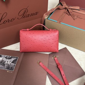 「#7079」Loro pian Extra Pocket L19 gold buckle - FAN1034 - 19x6.5x11cm - fiery red，Ostrich pattern