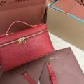 「#7079」Loro pian Extra Pocket L19 gold buckle - FAN1034 - 19x6.5x11cm - fiery red，Ostrich pattern