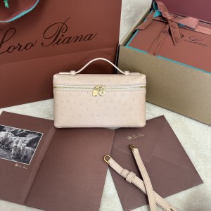 「#7081」Loro pian Extra Pocket L19 gold buckle- FAN1034 - 19x6.5x11cm - pink sand color，Ostrich pattern