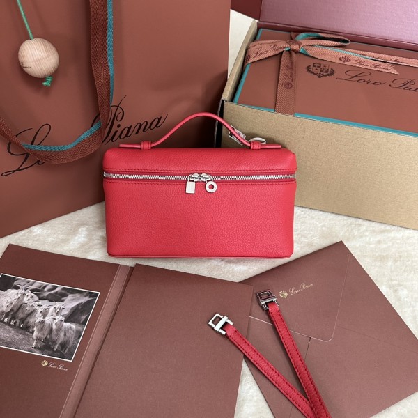 「#7085」Loro pian Extra Pocket L19 silver buckle- FAI8393 - 19x6.5x11cm - fiery red