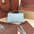 「#7086」Loro pian Extra Pocket L19 gold buckle- FAI8393 - 19x6.5x11cm - blue clear color，Ostrich skin
