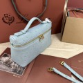 「#7086」Loro pian Extra Pocket L19 gold buckle- FAI8393 - 19x6.5x11cm - blue clear color，Ostrich skin