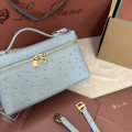「#7086」Loro pian Extra Pocket L19 gold buckle- FAI8393 - 19x6.5x11cm - blue clear color，Ostrich skin