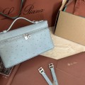 「#7087」Loro pian Extra Pocket L19 silver buckle - FAN1034 - 19x6.5x11cm - blue clear color，Ostrich skin