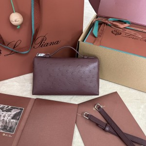 「#7090」Loro pian Extra Pocket L19 silver buckle - FAN1034 - 19x6.5x11cm - Claret，Ostrich skin