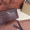 「#7090」Loro pian Extra Pocket L19 silver buckle - FAN1034 - 19x6.5x11cm - Claret，Ostrich skin