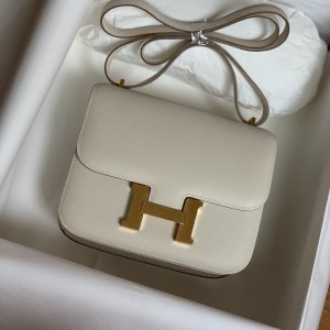 「#4107」Hermès White Constance Gold Buckle Bag 19cm