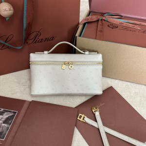 「#7092」Loro pian Extra Pocket L19 gold buckle - FAN1034 - 19x6.5x11cm - light beige，Ostrich skin