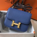 「#4134」 Hermès Agate Blue Constance Gold Buckle Bag 19cm