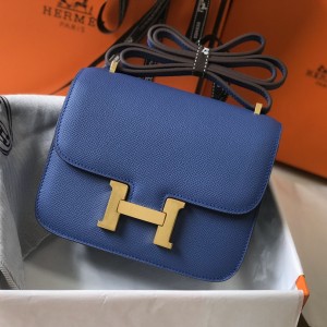 「#4134」 Hermès Agate Blue Constance Gold Buckle Bag 19cm