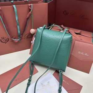 「#7127」Loro pian Extra Pocket L23.5 silver buckle - FAI8511 - 21✖️23.5✖️8cm - malachite green，Ostrich skin