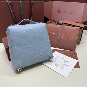 「#7129」Loro pian Extra Pocket L23.5 gold buckle - FAI8511 - 21✖️23.5✖️8cm - blue clear color，Ostrich skin