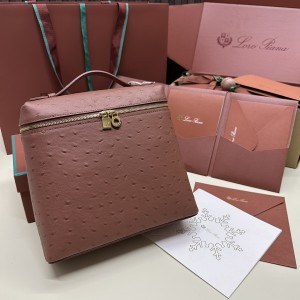 「#7131」Loro pian Extra Pocket L23.5 gold buckle - FAI8511 - 21✖️23.5✖️8cm - red brick color，Ostrich skin