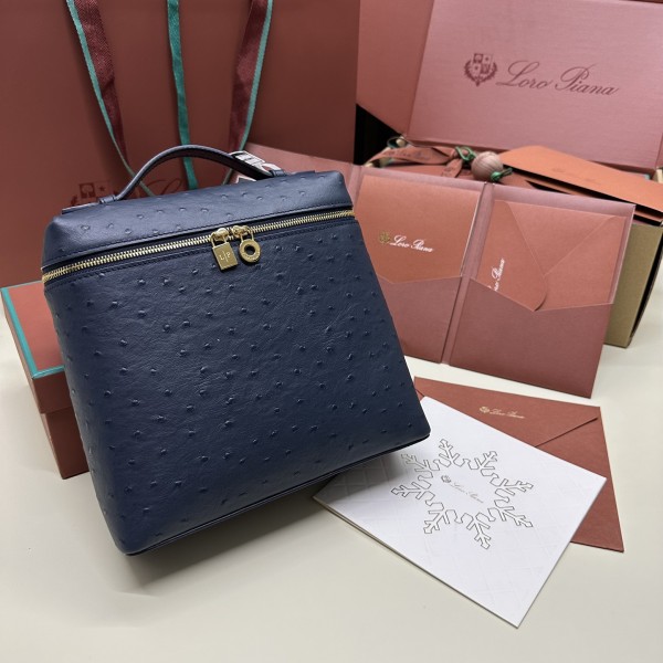 「#7132」Loro pian Extra Pocket L23.5 gold buckle - FAI8511 - 21✖️23.5✖️8cm - midnight blue，Ostrich skin