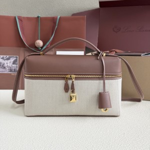 「#7146」Loro pian Extra bag L27 gold buckle - FAN4043 - 16cm*27 cm*10cm - Caramel Canvas