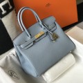 「#4146」Hermès Linen Blue Gold Buckle Birkin Bag 30cm
