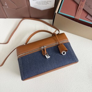 「#7156」Loro pian Extra bag L27 silver buckle - FAN4043 - 16cm*27 cm*10cm - blue denim
