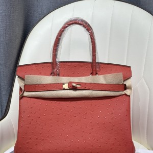 「#4154」 Hermès Red Ostrich Gold Buckle Birkin Bag 30cm