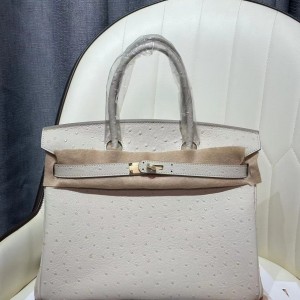 「#4158」 Hermès Milkshake White Ostrich Gold Buckle Birkin Bag 30cm