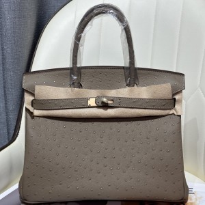 「#4159」Hermès Grey Ostrich Gold Buckle Birkin Bag 30cm