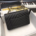 「#10268」Chanel 2018 Big V Black Gold Chain Gold Buckle 20cm AS8500