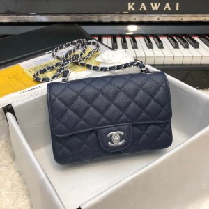 「#10273」Chanel Deep Blue Caviar Leather Silver Chain Silver Buckle Handbag AS6500 20Cm