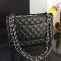 「#10301」Chanel black lambskin silver chain with silver buckle AS5212 30cm