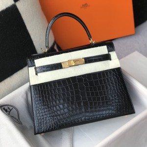 「#4169」 Hermès Crocodile Pattern Black Kelly Bag Gold Buckle 25cm