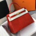 「#4172」 Hermès Crocodile Pattern Red Kelly Bag Gold Buckle 25cm