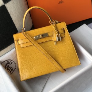 「#4173」 Hermès Crocodile Pattern Amber Kelly Bag Gold Buckle 25cm