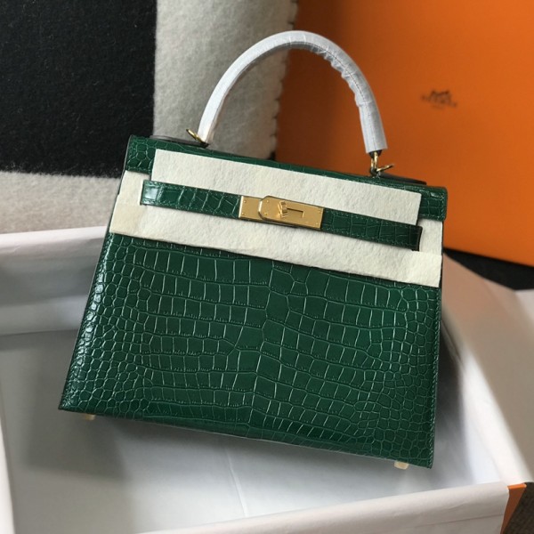 「#4174」 Hermès Crocodile Pattern Peacock Green Kelly Bag Gold Buckle 25cm