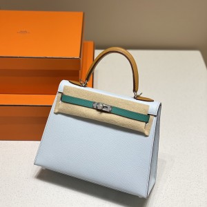 「#4176」Hermès three-piece blue Kelly bag with gold buckle 25cm