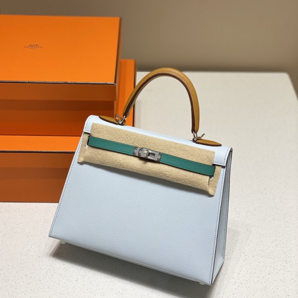 「#4176」Hermès three-piece blue Kelly bag with gold buckle 25cm