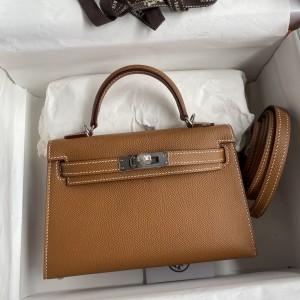 「#4178」 Hermès Epsom leather golden brown second generation Mini Kelly silver buckle 19cm