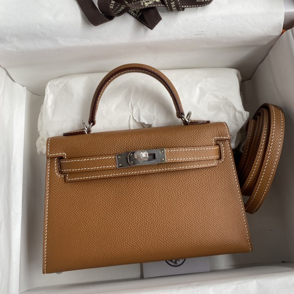 「#4178」 Hermès Epsom leather golden brown second generation Mini Kelly silver buckle 19cm